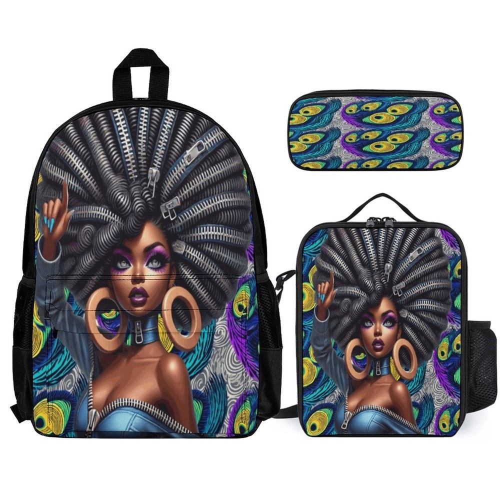 Zipper Divas Stylish Backpack/Lunch Bag/Pencil Case Set with Afro Art